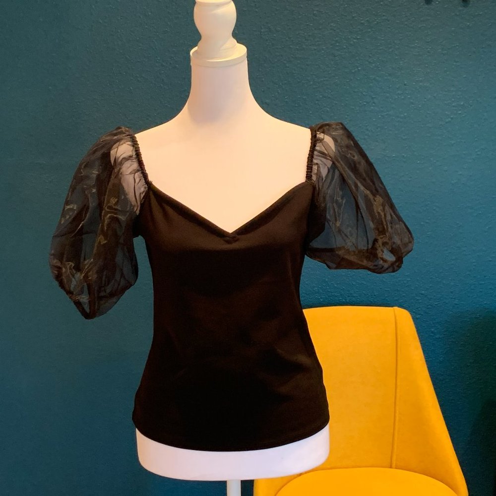 NWT Express Size Small Black Mesh Puff Sleeves Blouse